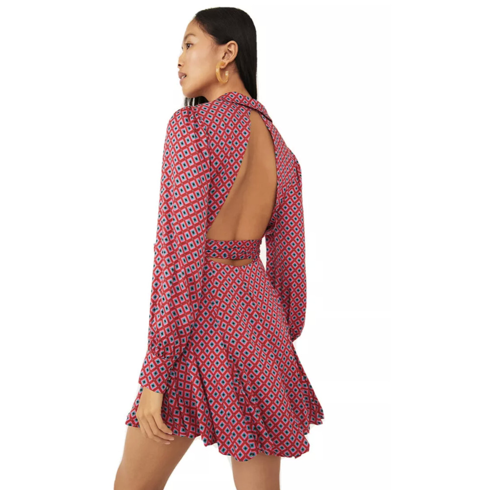Free People It Takes Two Pop Combo Tie Waist Open Back Printed Dress Size M - Picture 3 of 8